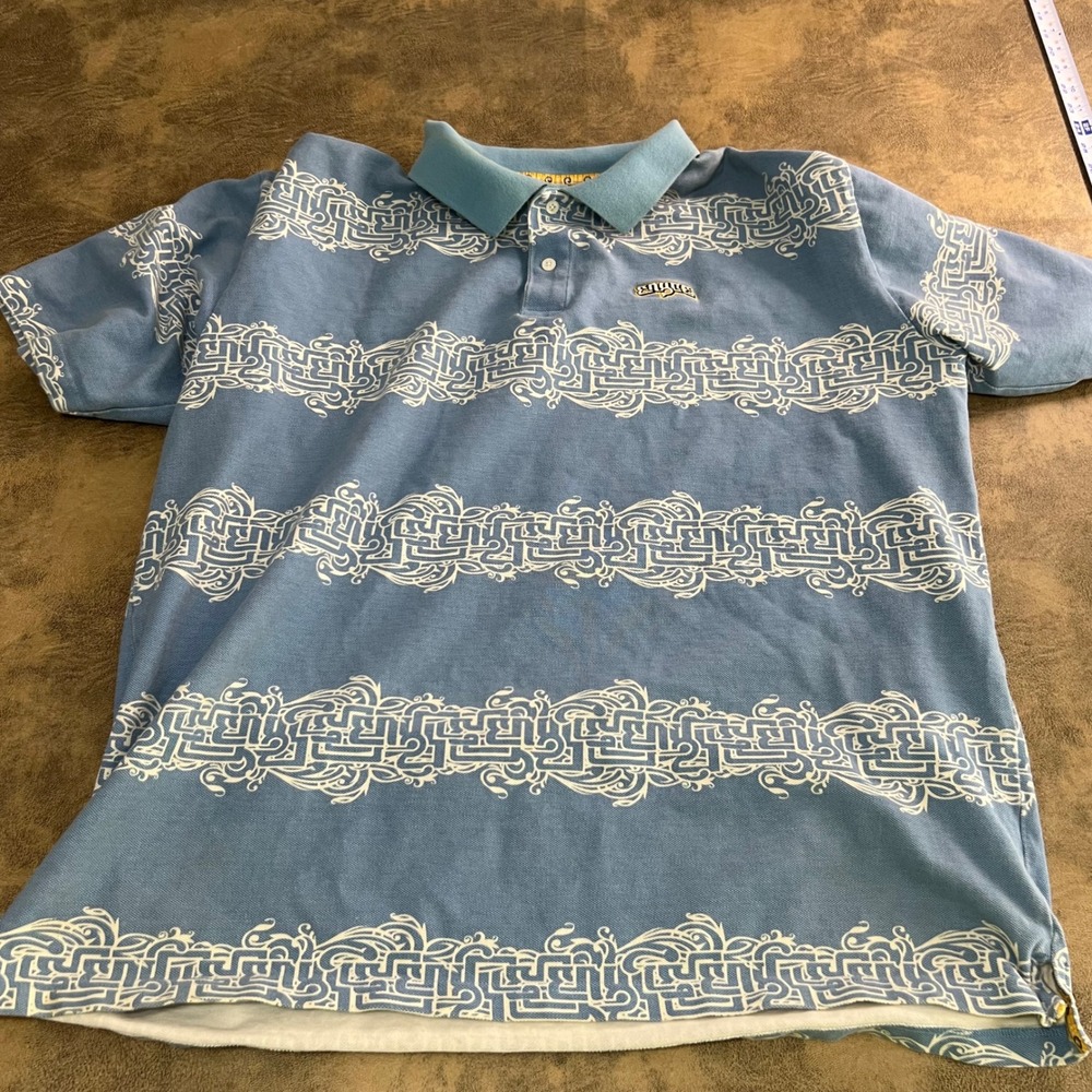 Enyce Polo Shirt Mens 3XL Blue Short Sleeve Scroll Pattern Streetwear y2k